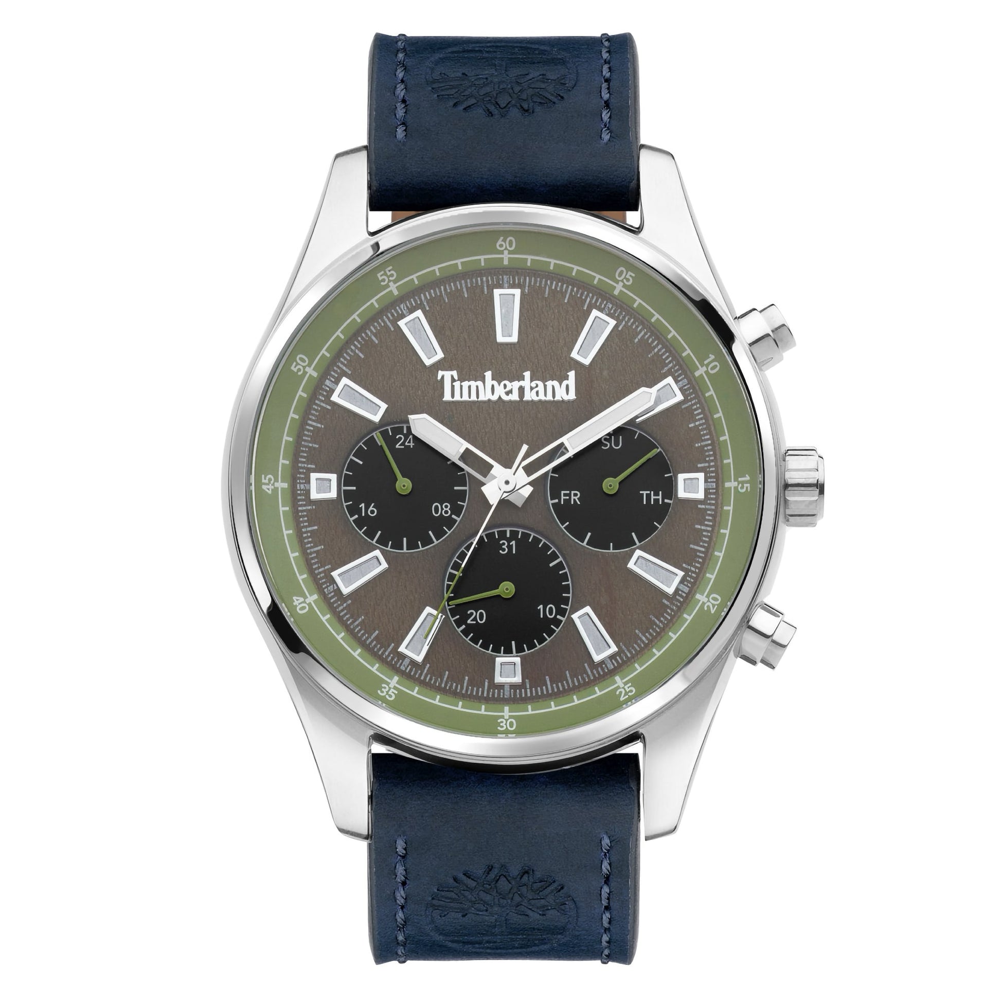 Timberland Demarest watch: black dial, subdials, date, blue leather strap, silver case.