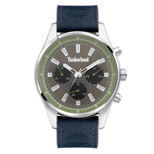 Timberland Demarest watch: black dial, subdials, date, blue leather strap, silver case.