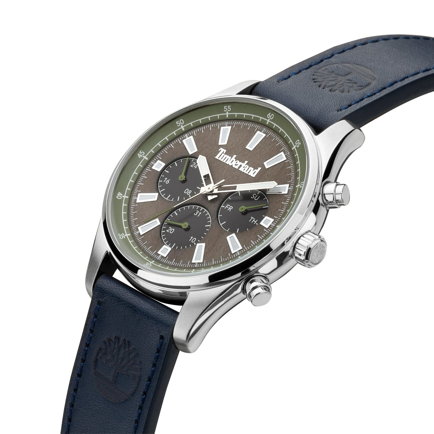 Timberland Demarest men's watch with a green dial, white markers, and a black leather strap embossed with a tree logo.