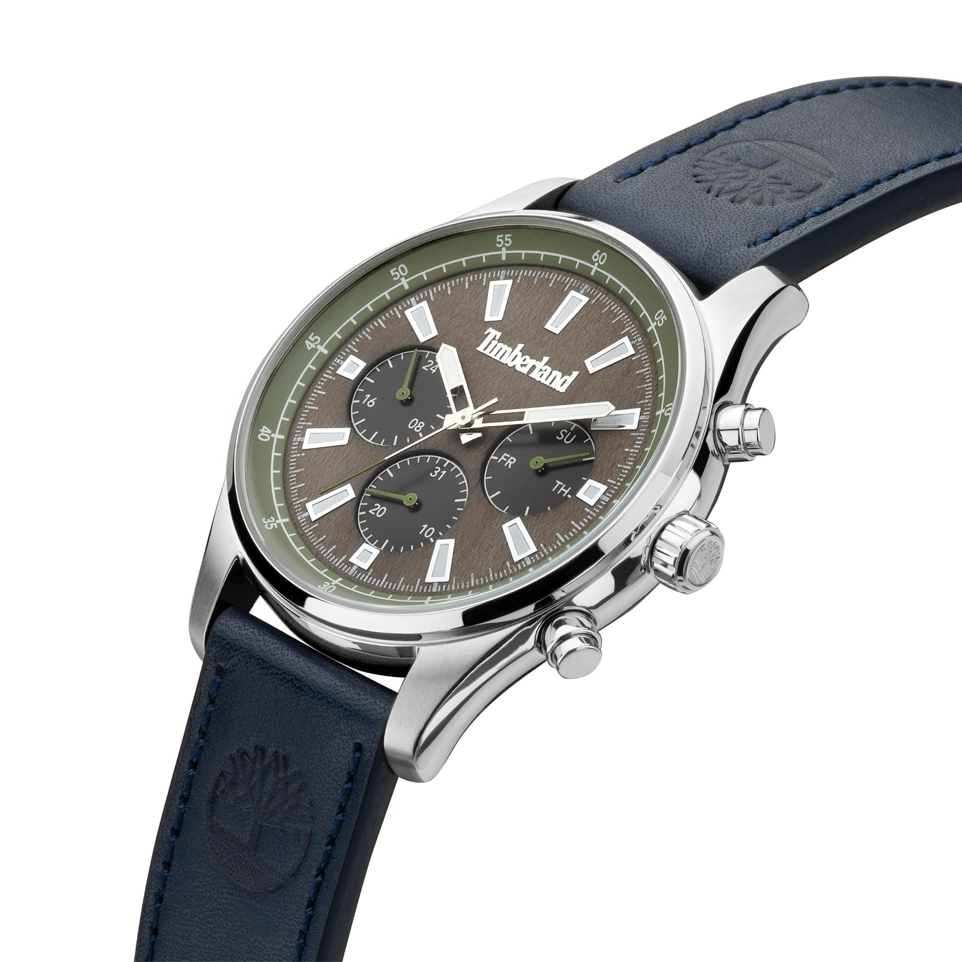 Timberland Demarest men's watch with a green dial, white markers, and a black leather strap embossed with a tree logo.