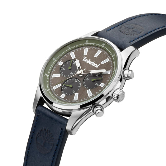 Timberland Demarest men's watch with a green dial, white markers, and a black leather strap embossed with a tree logo.