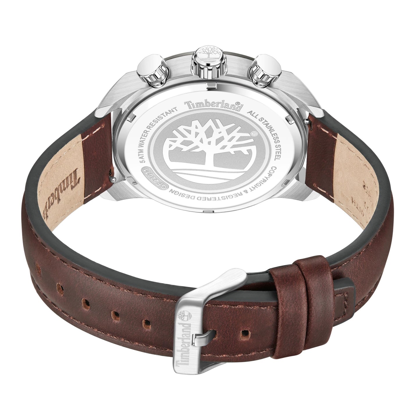 Back view of Timberland Henniker II showing brown strap and engraved silver case with tree logo.