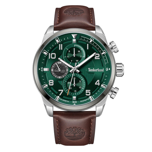 Timberland Henniker II men's watch: green dial, silver accents, brown leather strap, multifunction design.