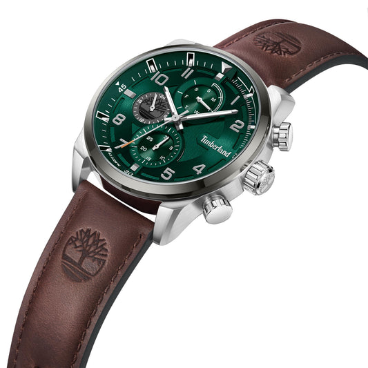 The Timberland Henniker II men's watch features a green dial, multifunction design, and silver case.