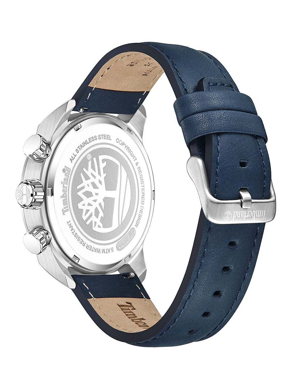 Back of Timberland Henniker II, men's silver/navy watch with tree logo, engraved details, and leather strap.