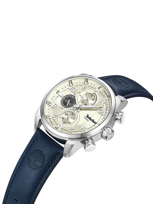 Timberland Henniker II chronograph men's watch with a waterproof design, cream dial, and blue embossed leather strap.