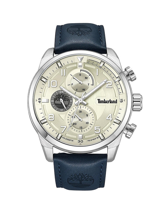 The Timberland Henniker II men's chronograph watch features a silver-tone dial and leather strap.