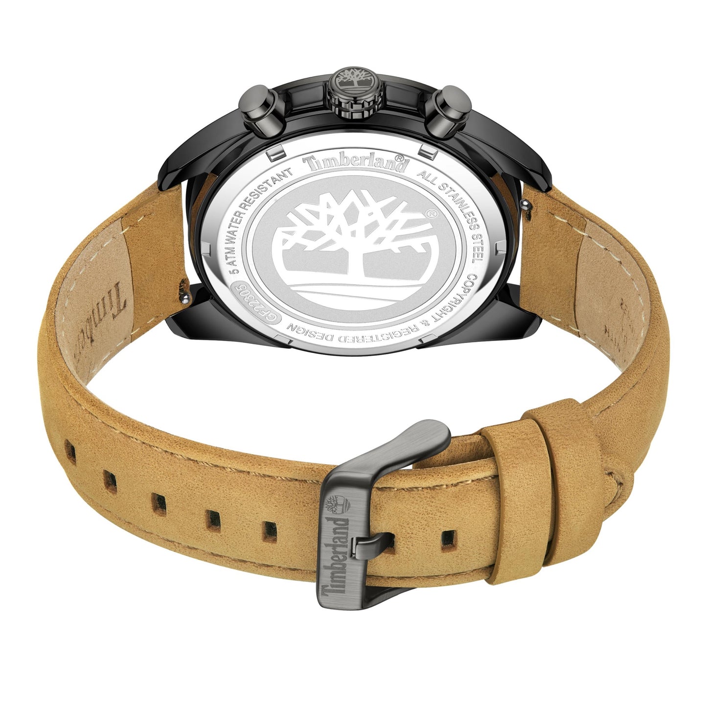 Back view of Timberland Carrigan watch: black dial, brown leather strap, metal clasp, logo, and steel back casing.