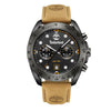 Timberland Carrigan with black dial, brown leather strap, quartz movement, multiple dials, and date display.