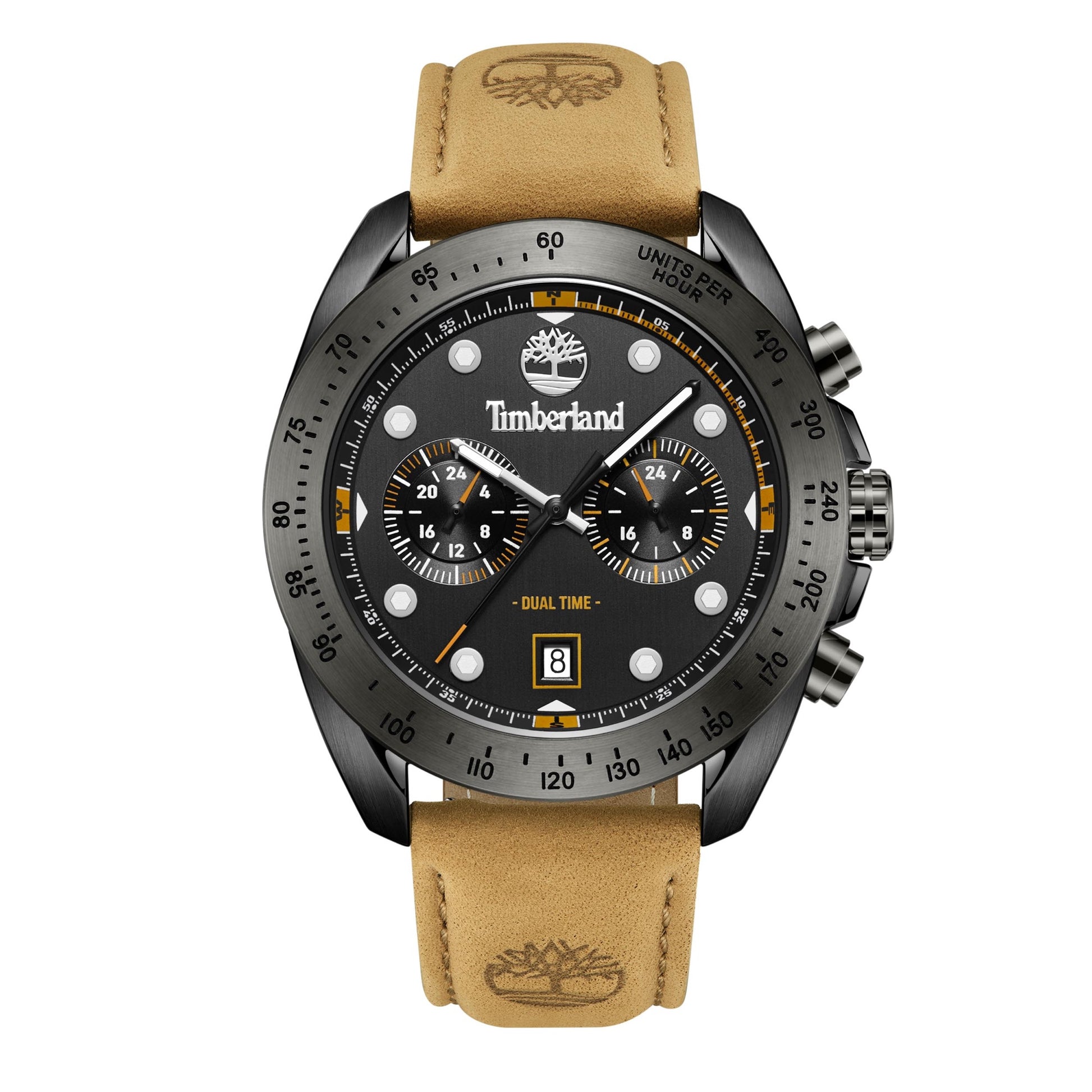 Timberland Carrigan with black dial, brown leather strap, quartz movement, multiple dials, and date display.