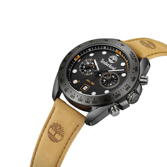 Timberland Carrigan men's watch with black dial, brown leather strap, two subdials, and rugged design featuring logo.