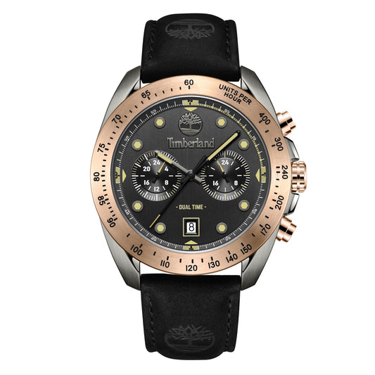 Timberland Men's Carrigan Dual Time Rosegold-Black Watch with leather strap and ion-plated bronze-toned bezel.