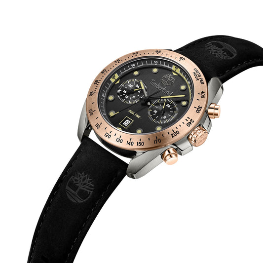 The Timberland Men's Carrigan watch features a black face, gold details, and a black strap with a tree logo.