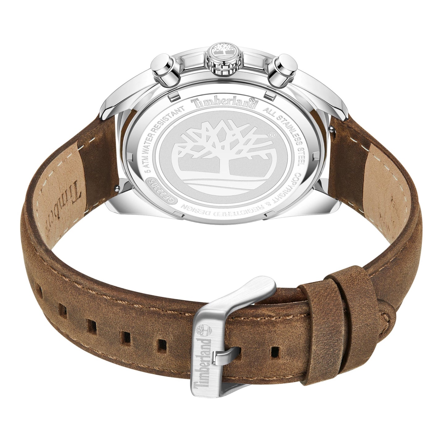 Back of Timberland Carrigan: quartz men's watch, brown leather strap, silver buckle with tree logo.