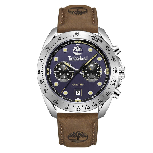Timberland Carrigan men's watch with a blue dial, brown leather strap, quartz movement, and silver casing.