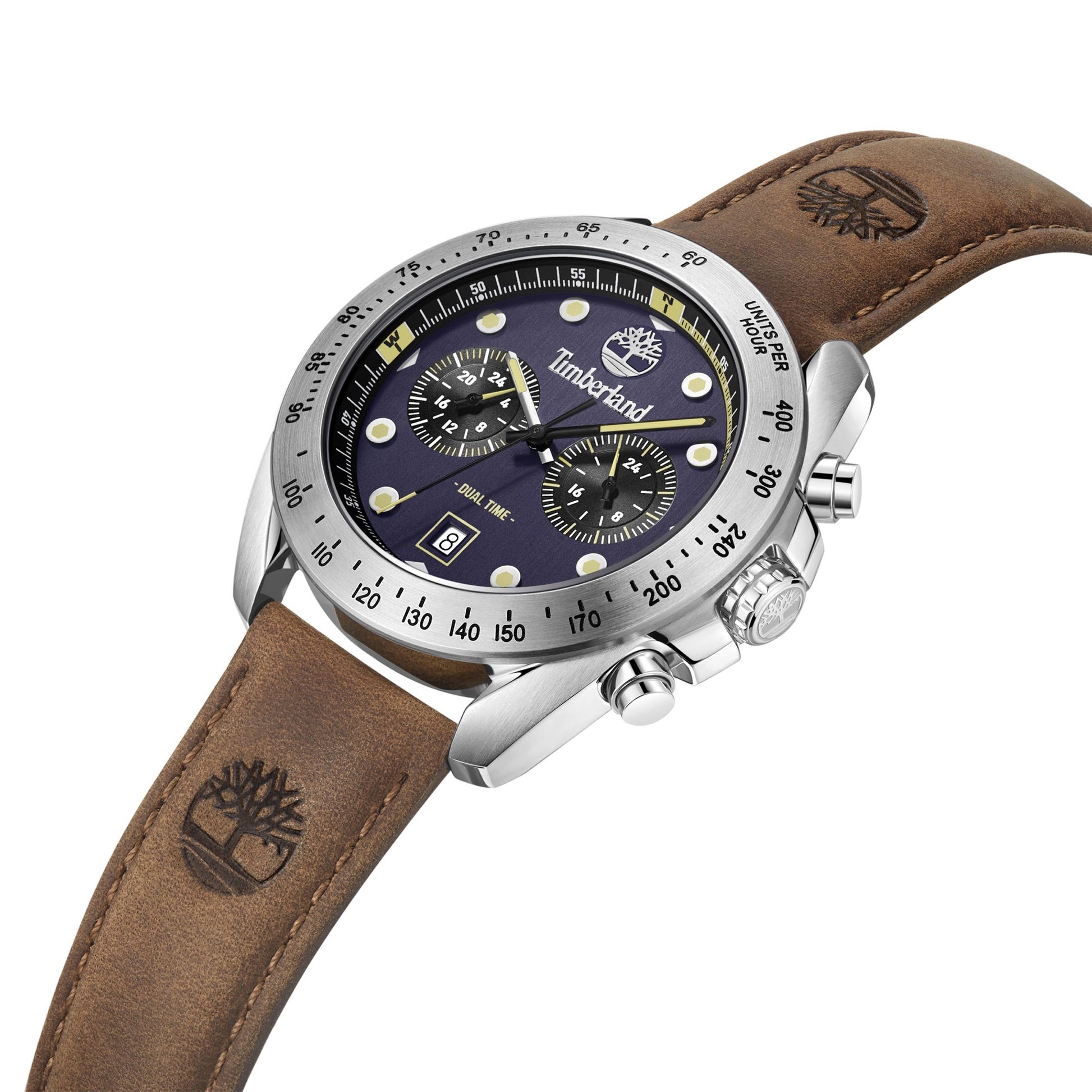 Timberland Carrigan men's watch with a brown leather strap, blue dial, and precise quartz movement.