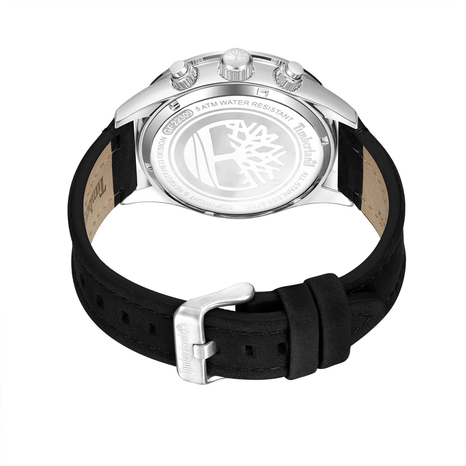 Back view of the Timberland Ashmont with stainless steel case, black leather strap, and visible branding.