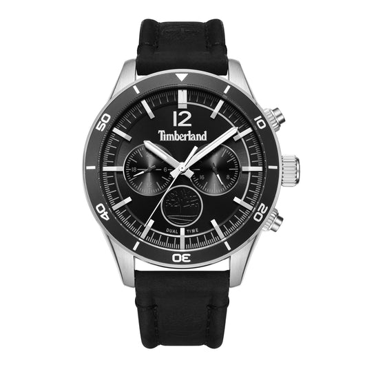 Timberland Ashmont men's watch: black/silver chronograph, 46mm stainless steel case, black leather strap.