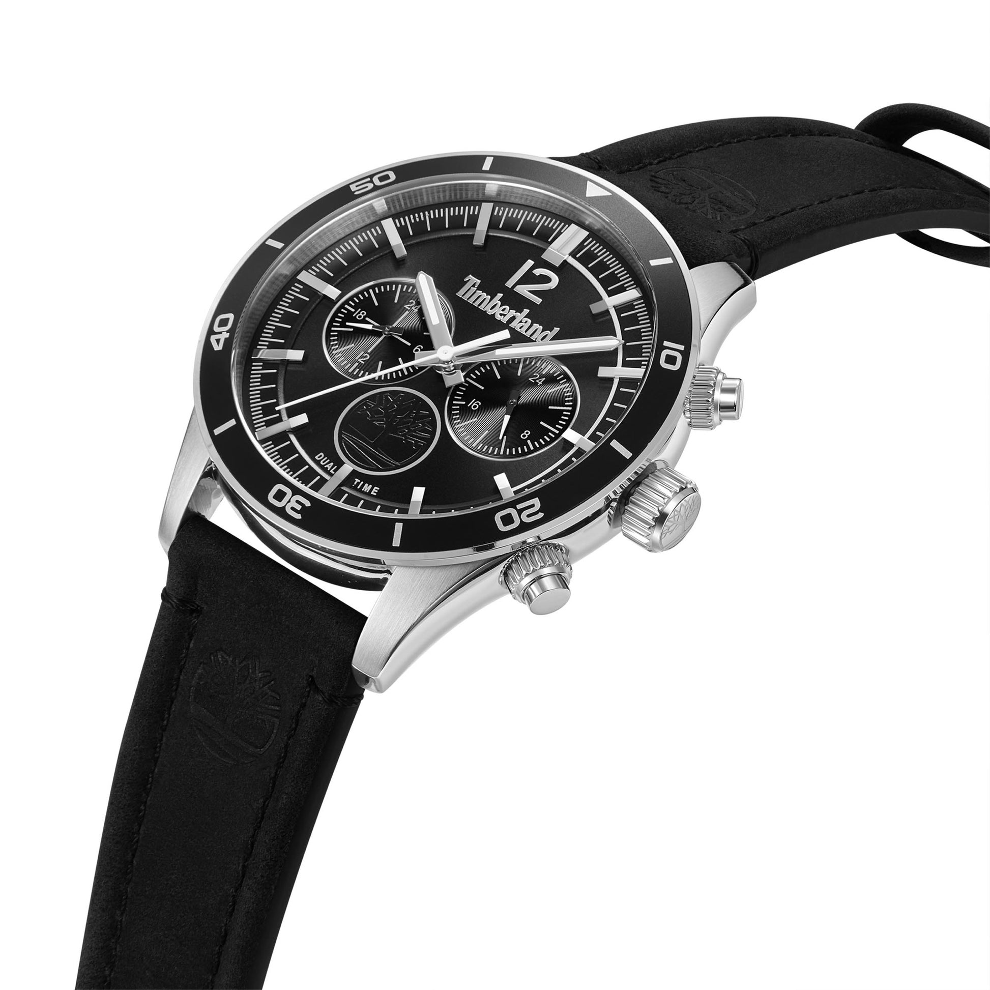 Men's Timberland Ashmont Chronograph with stainless steel, leather strap, quartz movement, and multiple dials.