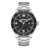 A Timberland Ashmont watch, silver with a black dial, white numerals, and a stainless steel & link-bracelet.