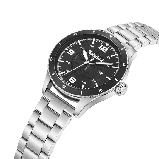 Timberland Ashmont watch: Stainless steel bracelet, matte black dial, white markers and large numerals on a white background.