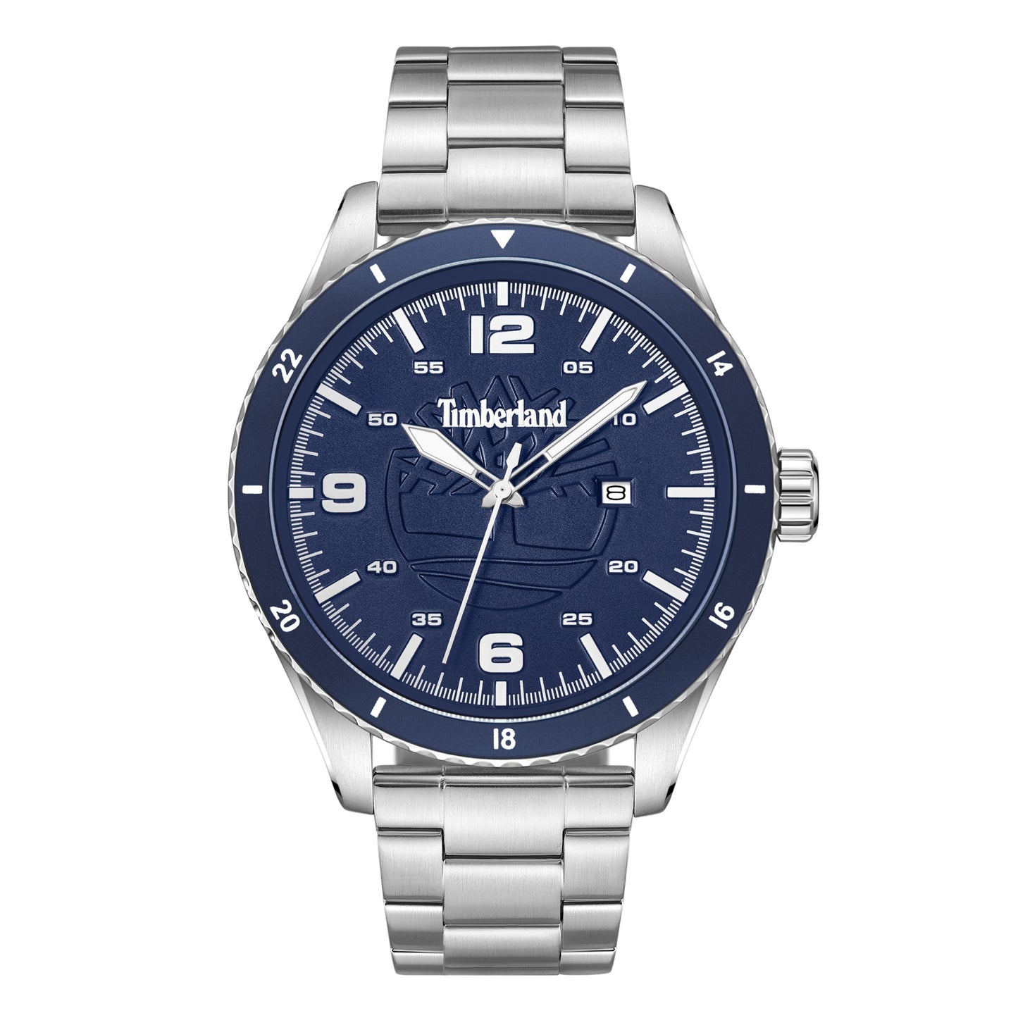 Timberland Ashmont stainless steel watch with blue dial, white numerals, date display on a silver link-bracelet strap.