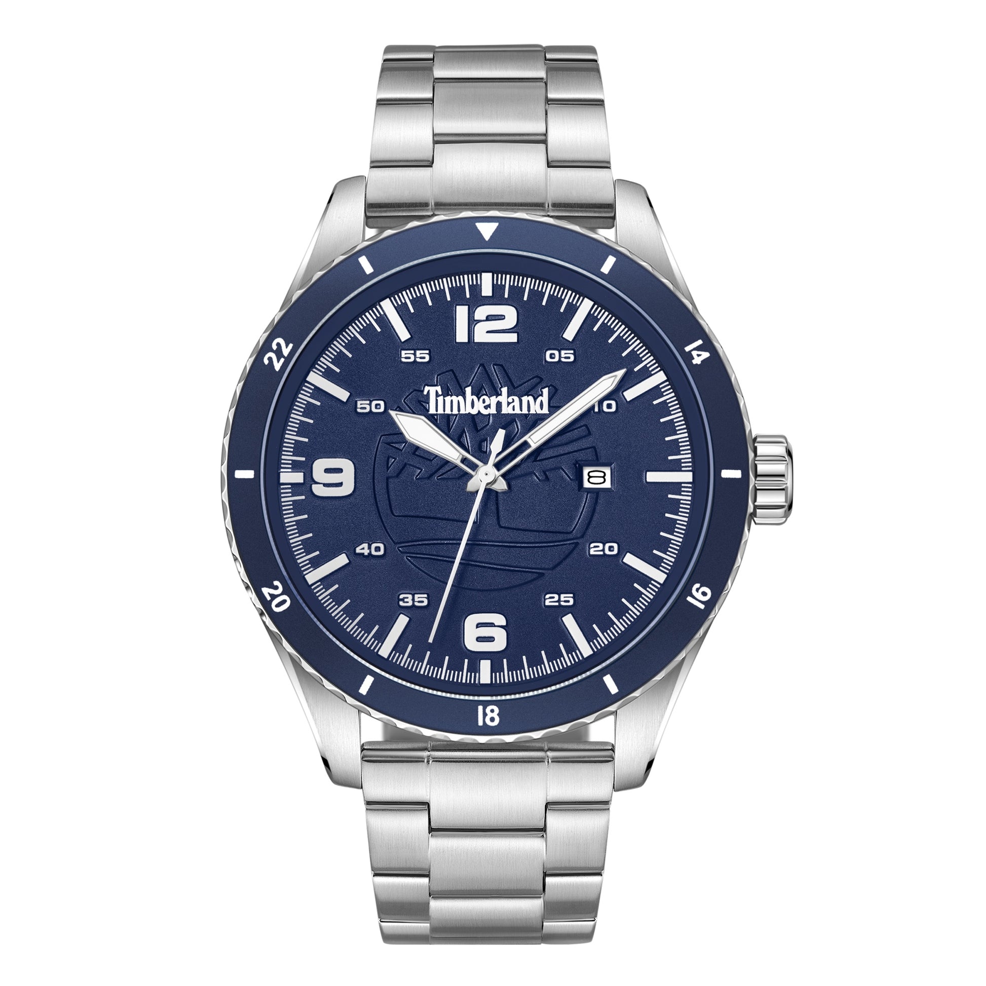 Timberland Ashmont stainless steel watch with blue dial, white numerals, date display on a silver link-bracelet strap.