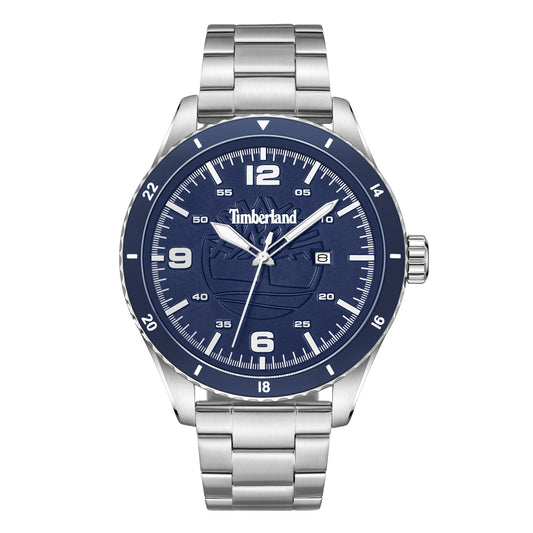 Timberland Ashmont stainless steel watch with blue dial, white numerals, date display on a silver link-bracelet strap.