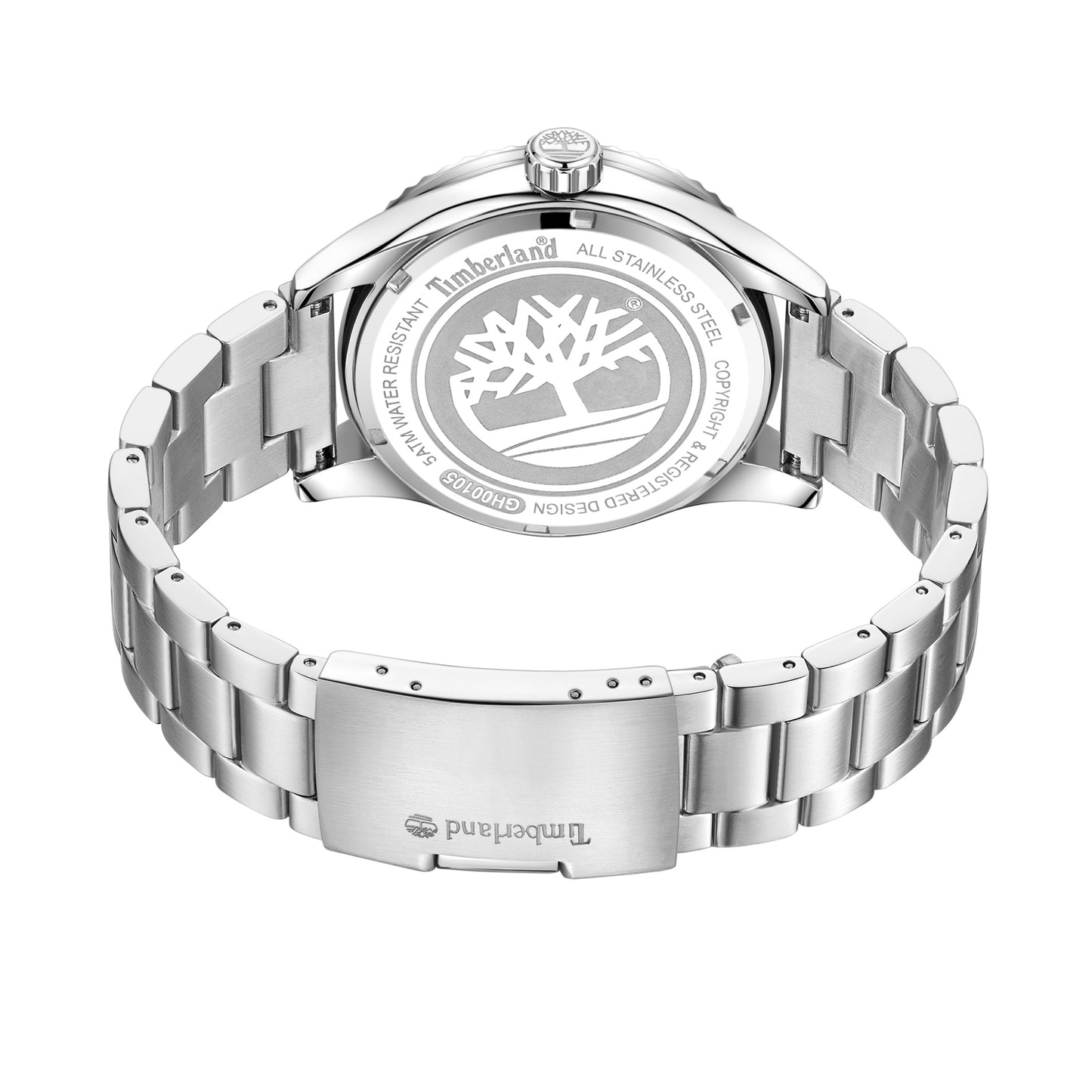 Timberland Ashmont stainless steel watch with link-bracelet, engraved tree logo, back facing up.
