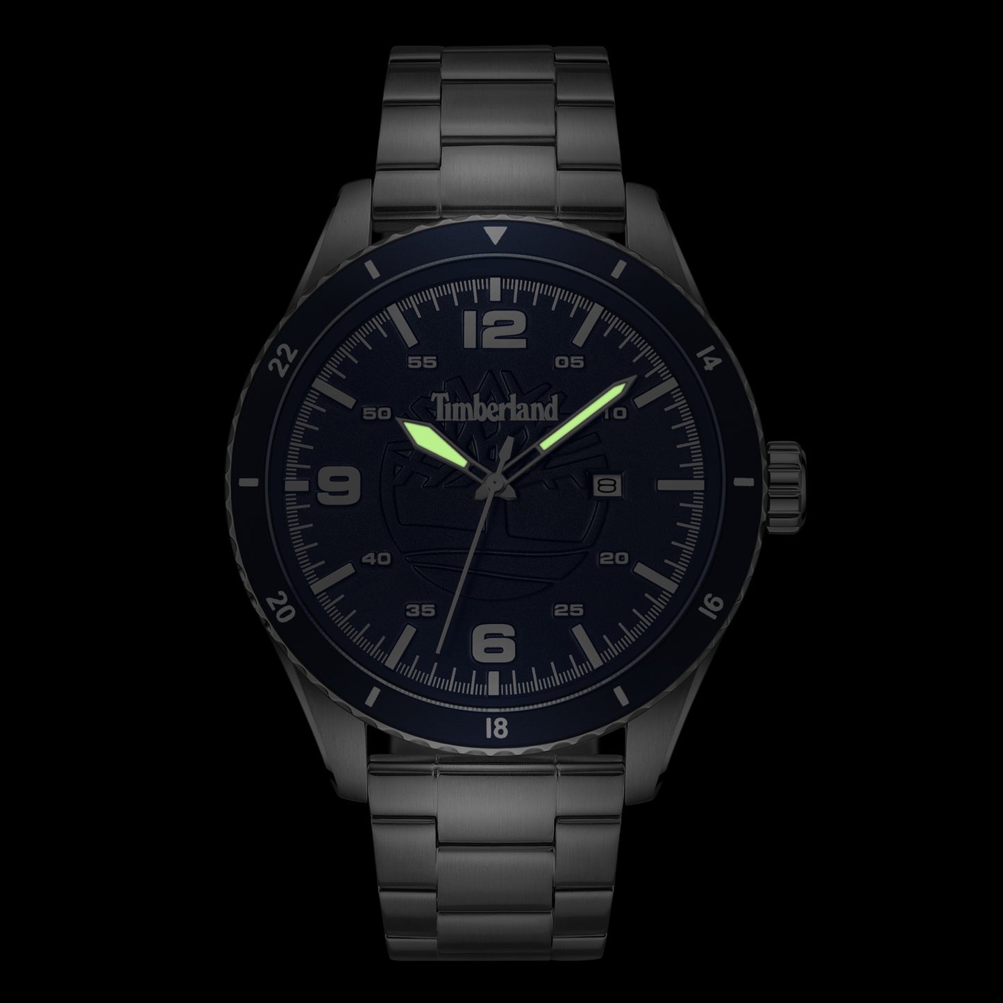 Black and silver Timberland Ashmont Stainless Steel Watch with dark face and luminous hands.