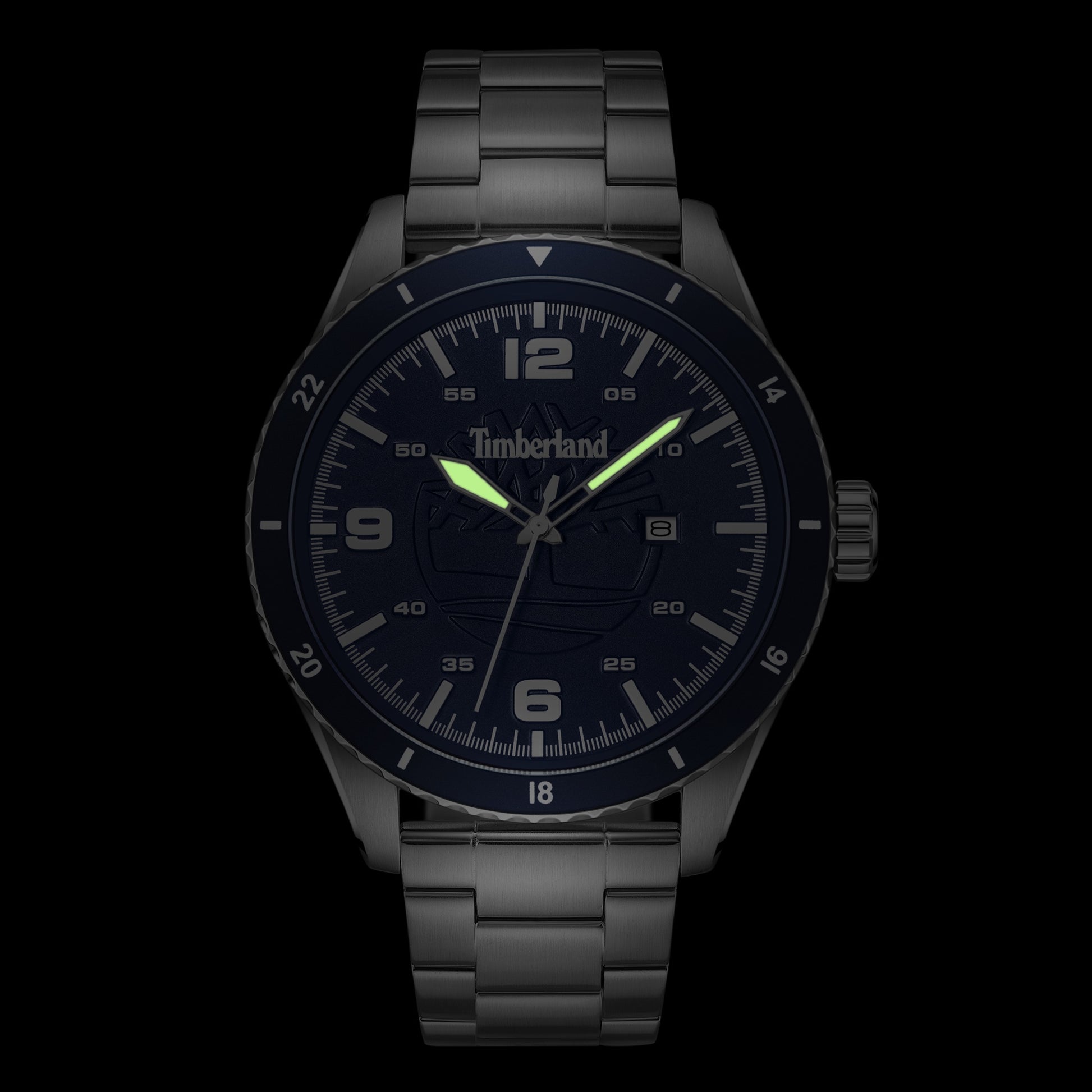 Black and silver Timberland Ashmont Stainless Steel Watch with dark face and luminous hands.