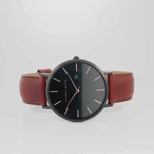 Montre Alfred Sung Metropolitan Date avec cadran et boîtier noirs et bracelet en cuir