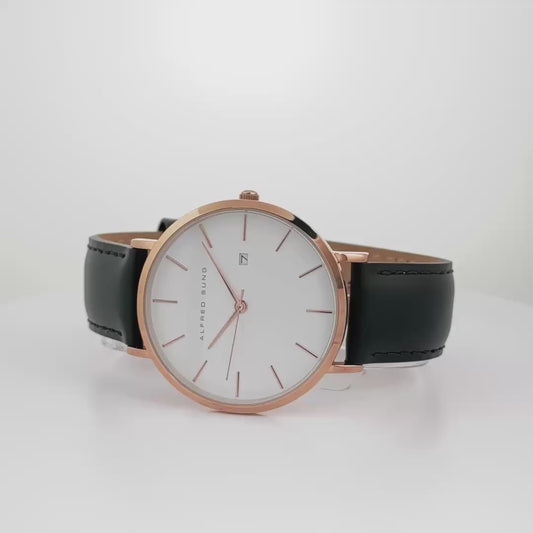 Alfred Sung Metropolitan Date White Dial Rosegold Case Black Leather Strap watch