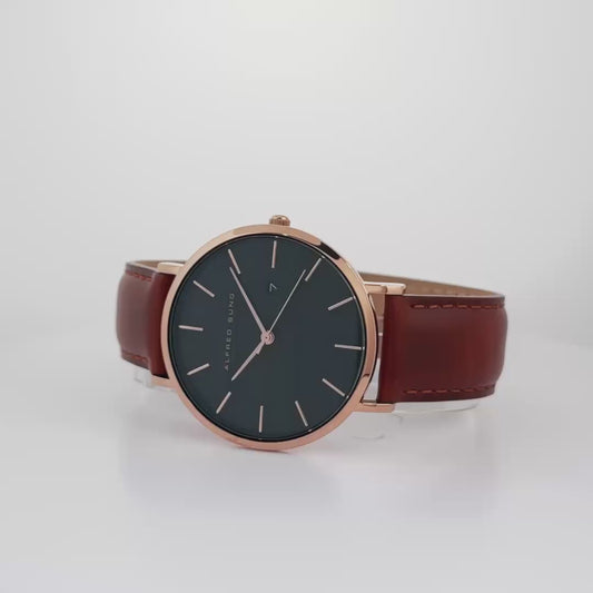 Montre Alfred Sung Metropolitan Date avec cadran noir et bracelet en cuir marron