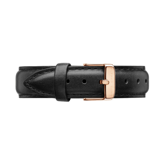 Presenting the Alfred Sung Classic Leather Strap with Quick Release: a sophisticated black leather design featuring a gold buckle and multiple adjustment holes, enhancing its timeless elegance.