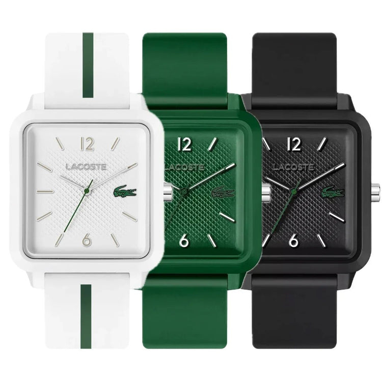 Lacoste.12.12 Studio: Bold square case, sporty three-hand design with a matt bezel, and tonal silicone strap in iconic colors