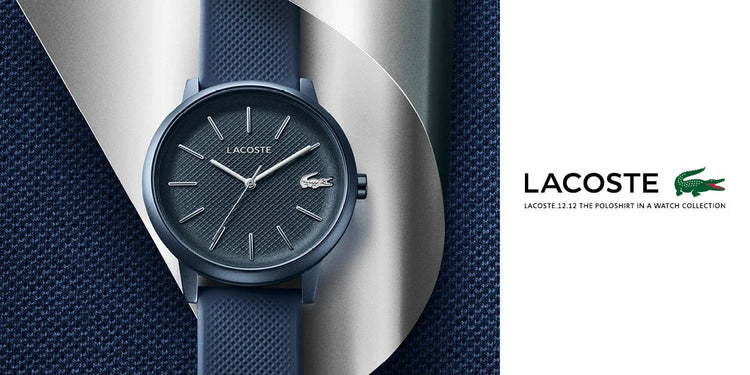 Lacoste.12.12 Move: Sleek watch, matt aluminum case, pique-textured strap, metal indexes, and signature crocodile detail.