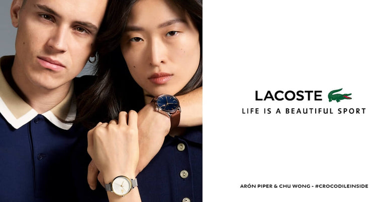 Lacoste Vienna: Elegant round case, Italian leather strap or bracelet, textured dial mimicking finely woven fabric.