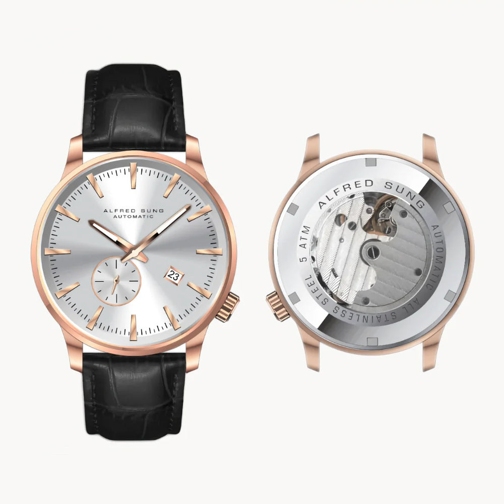 Alfred Sung Automatic II Silver Sunray Dial Black Leather Strap Men s watch Goodwatch