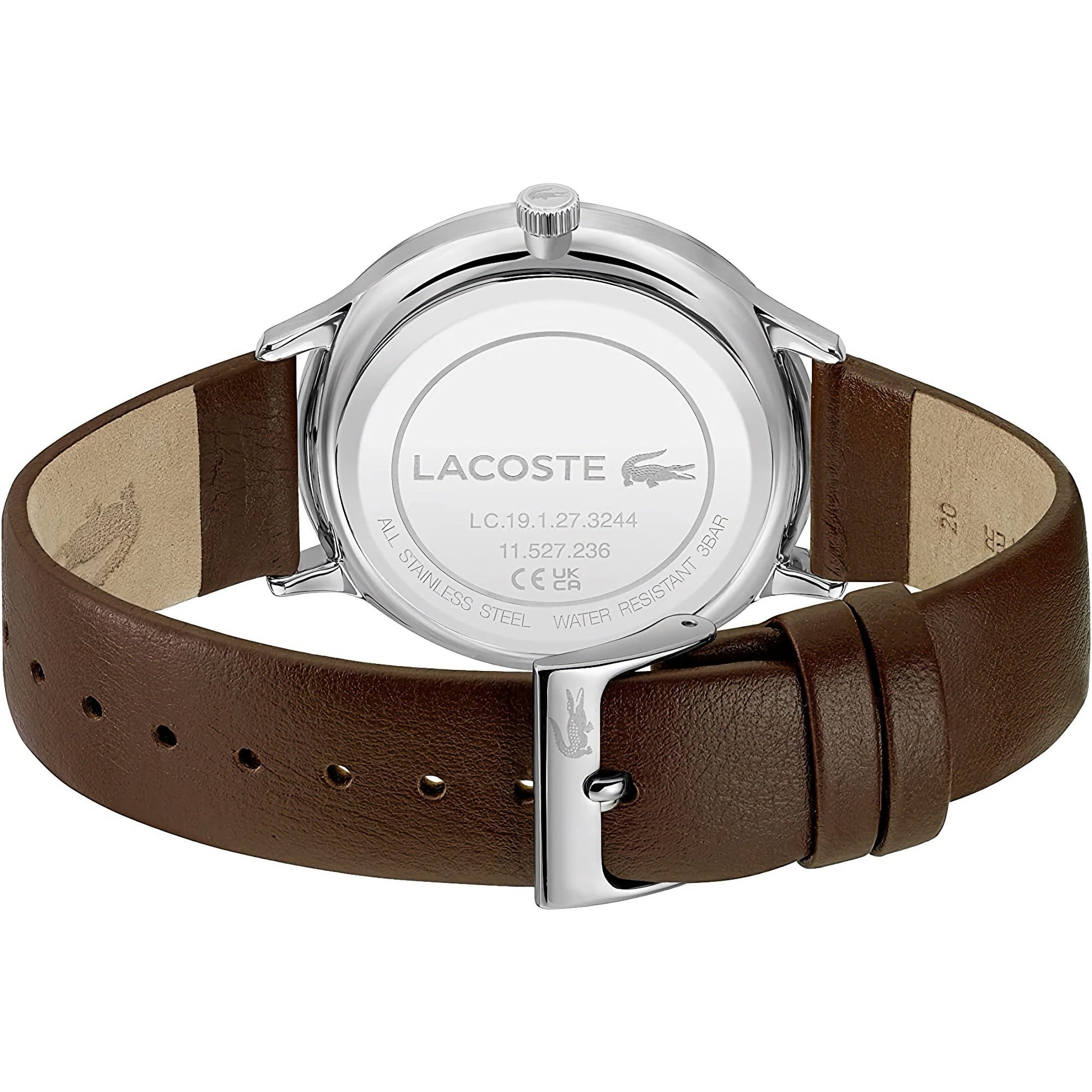 Lacoste Club White Date Dial Brown Leather Strap Men's Watch, white, 42mm, Men, Goodwatch fashion & trendy watches