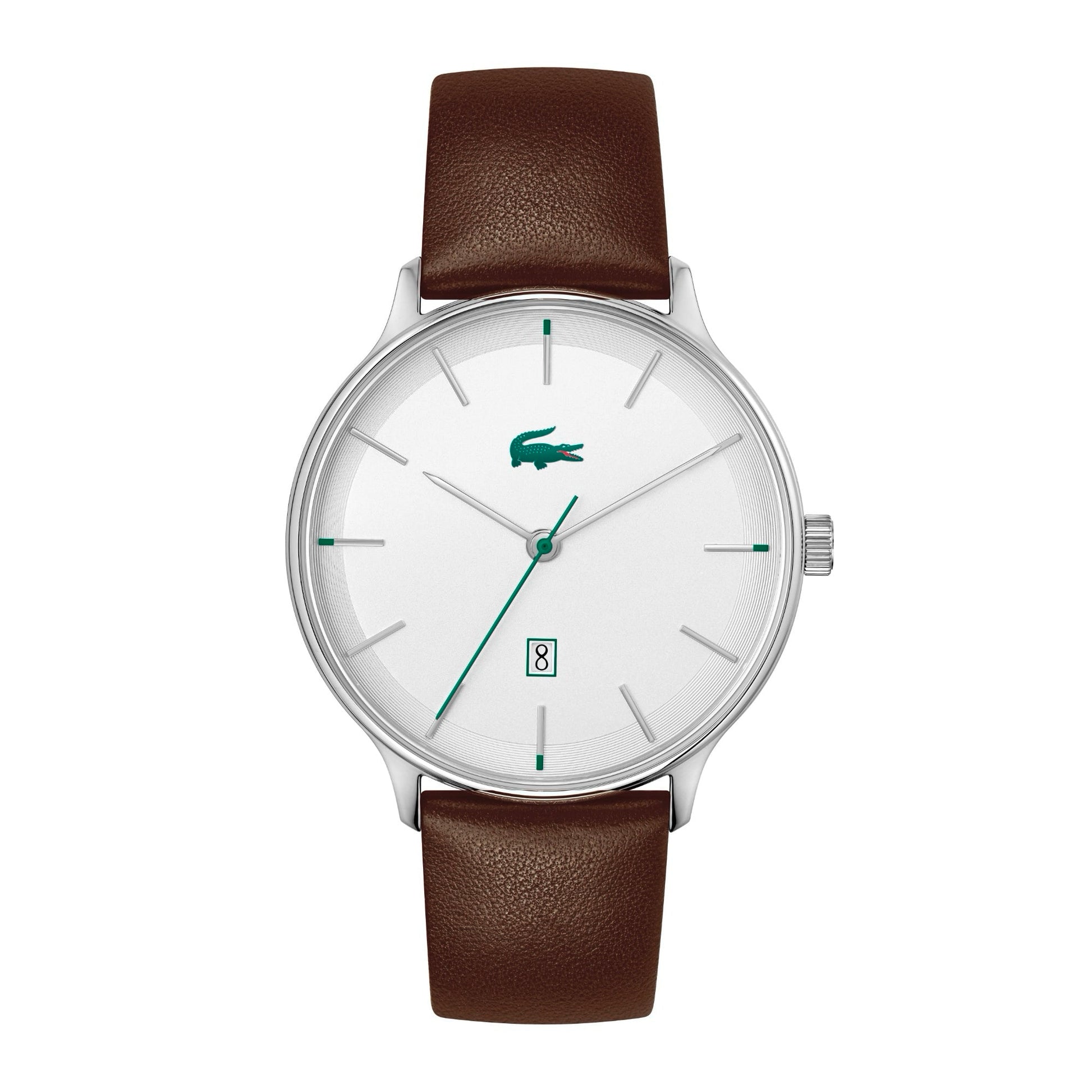 Lacoste Club White Date Dial Brown Leather Strap Men's Watch, white, 42mm, Men, Goodwatch fashion & trendy watches