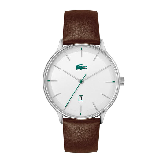 Lacoste Club White Date Dial Brown Leather Strap Men's Watch, white, 42mm, Men, Goodwatch fashion & trendy watches