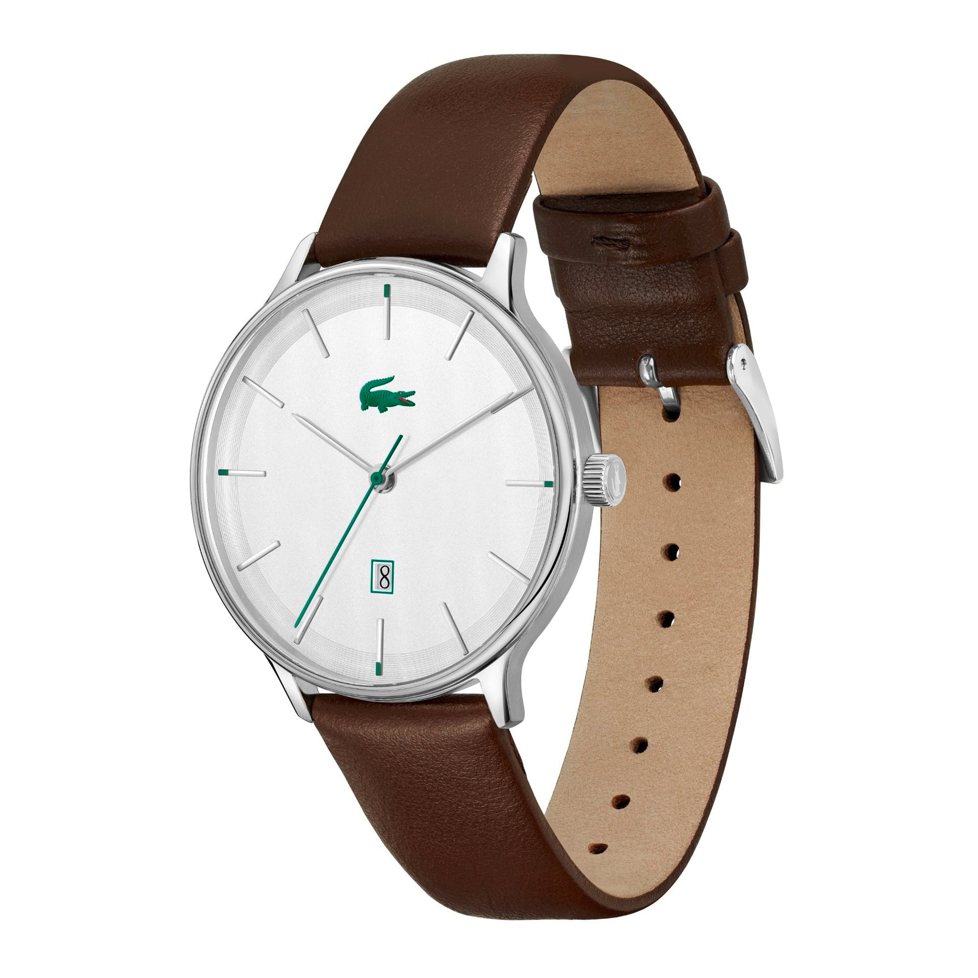 Lacoste Club White Date Dial Brown Leather Strap Men's Watch, white, 42mm, Men, Goodwatch fashion & trendy watches