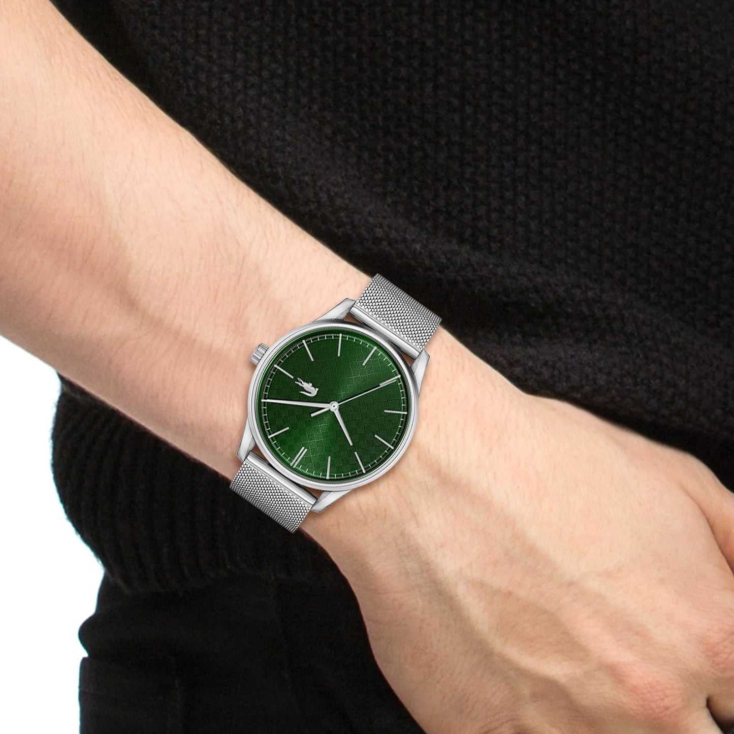 Lacoste Vienna Black Green Sunray Dial Silver Mesh Bracelet Men's Watch, Men, 42mm, green, Goodwatch fashion & trendy watches