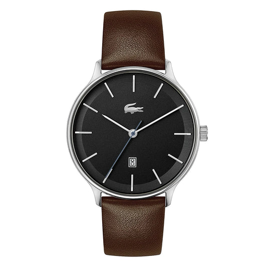 Lacoste Club Men's Date Black Watch Brown Leather Strap, Men, 42mm, black, Goodwatch fashion & trendy watches