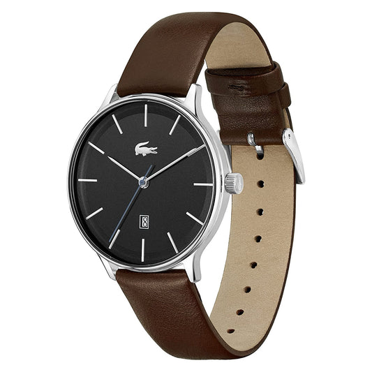 Lacoste Club Men's Date Black Watch Brown Leather Strap, Men, 42mm, black, Goodwatch fashion & trendy watches