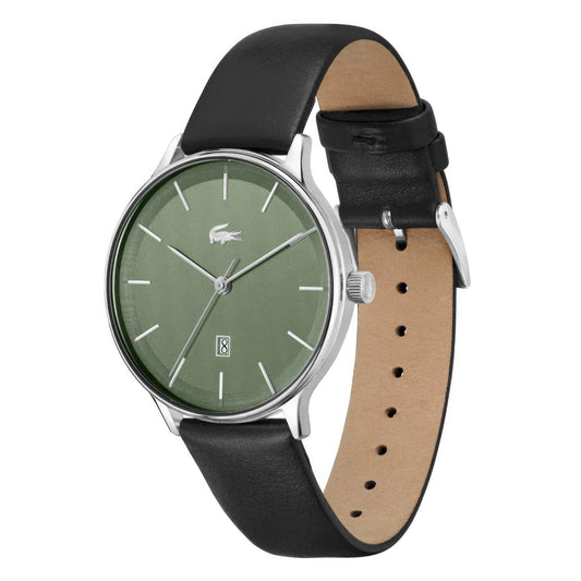 Lacoste Club Men's Olive Date Dial Watch Black Leather Strap, Men, 42mm, green, Goodwatch fashion & trendy watches