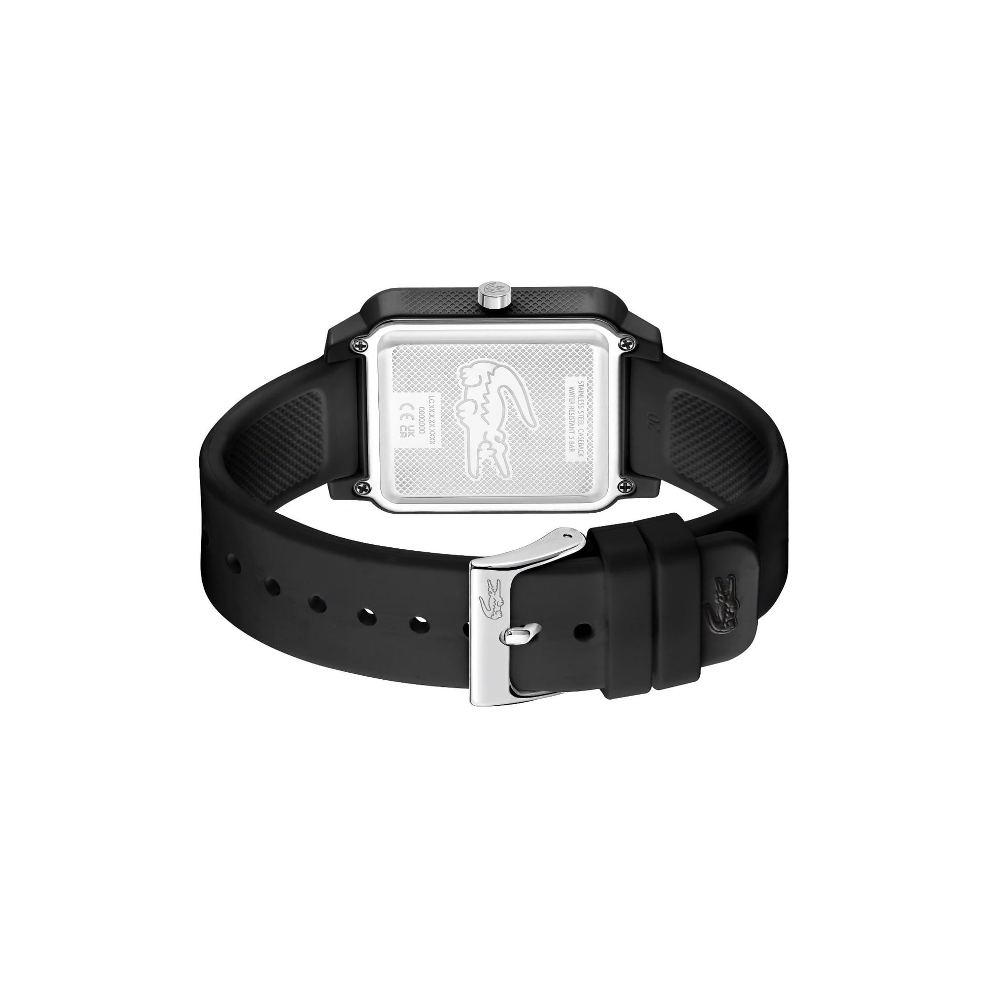 A Lacoste.12.12 Studio 3 Hands Watch Black Silicone by Lacoste showcased in a minimalist studio setting.