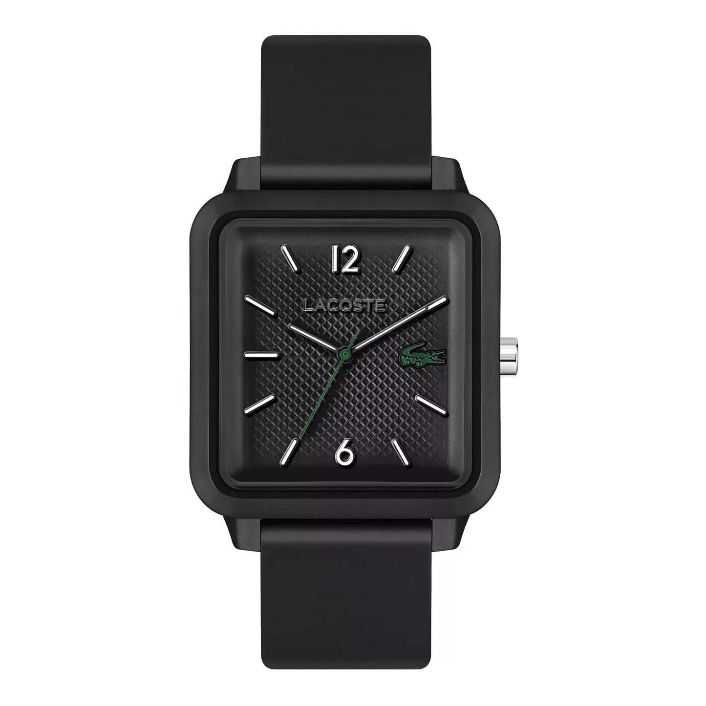 A Lacoste.12.12 Studio 3 Hands Watch Black Silicone on a white background.