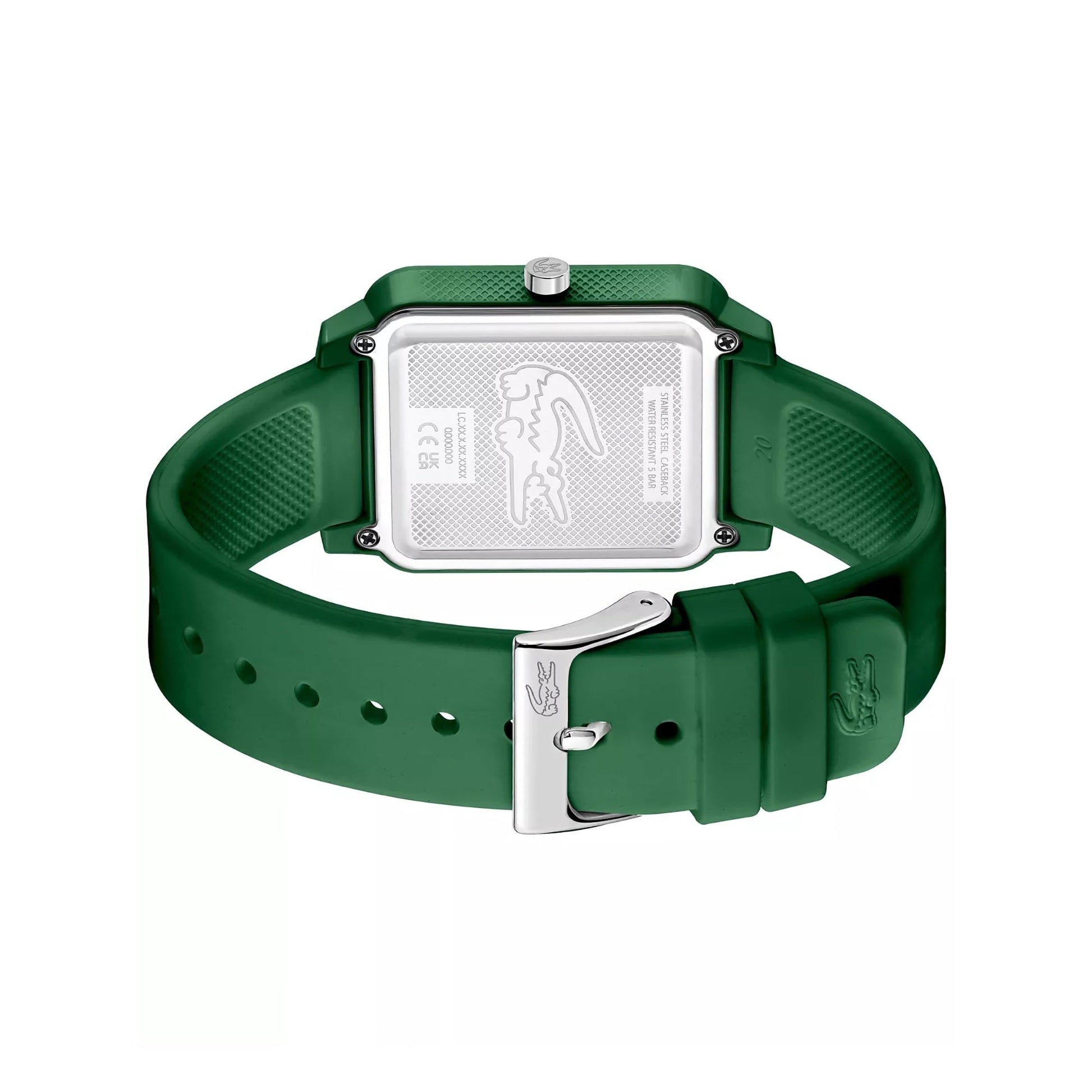 A geometric Lacoste.12.12 Studio 3 Hands Watch Green Silicone on a white background.